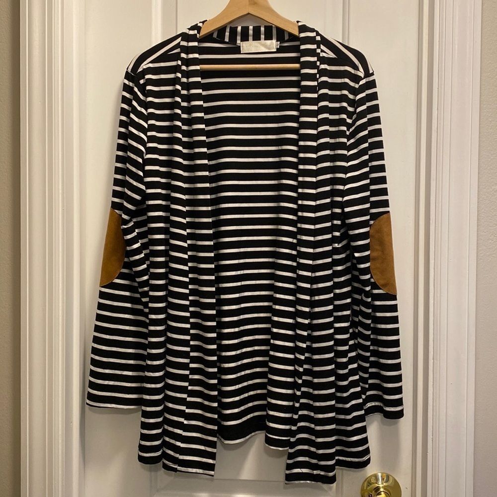 Merry fun shawl collar striped cardigan long sleeve elbow patch size L
